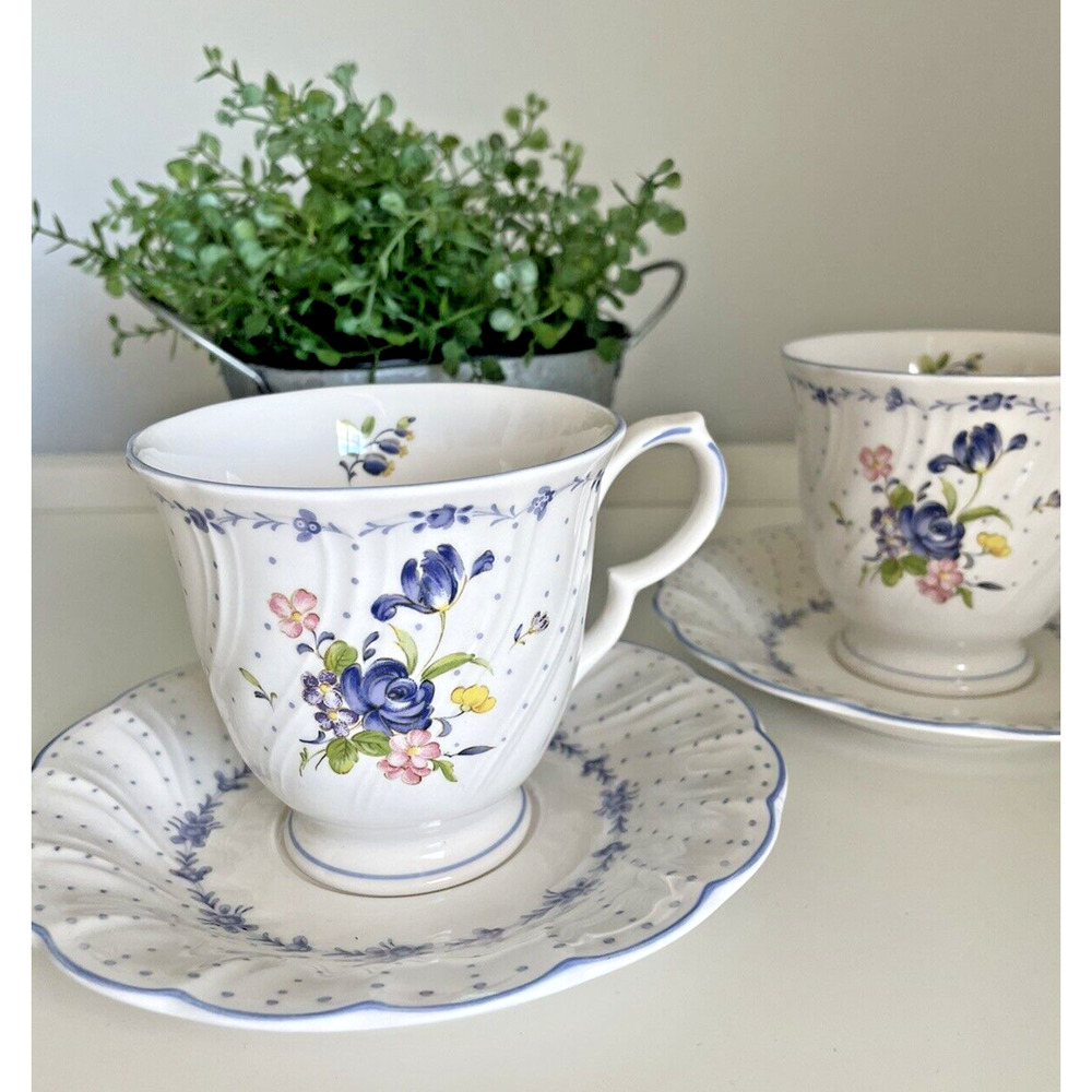 Nikko Blue Peony Footed Tea Cups And Saucers Set Of 2